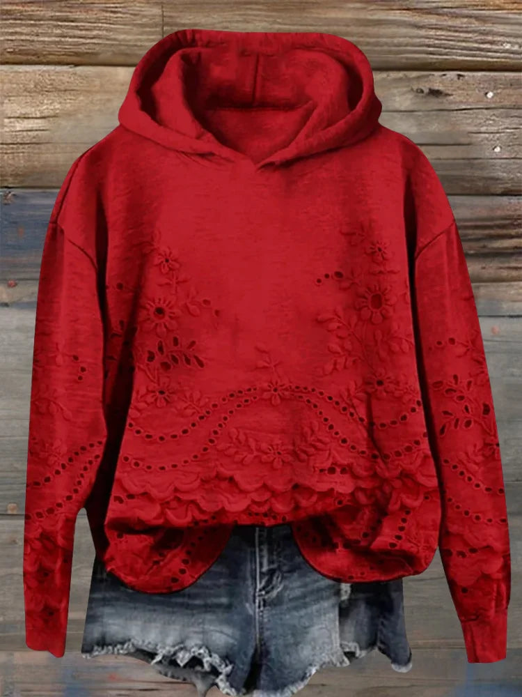 Roter Kapuzenpullover aus Baumwolle mit floraler Stickerei und lässigem Schnitt für komfortable Freizeitlooks.