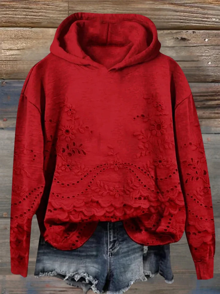Roter Kapuzenpullover aus Baumwolle mit floraler Stickerei und lässigem Schnitt für komfortable Freizeitlooks.