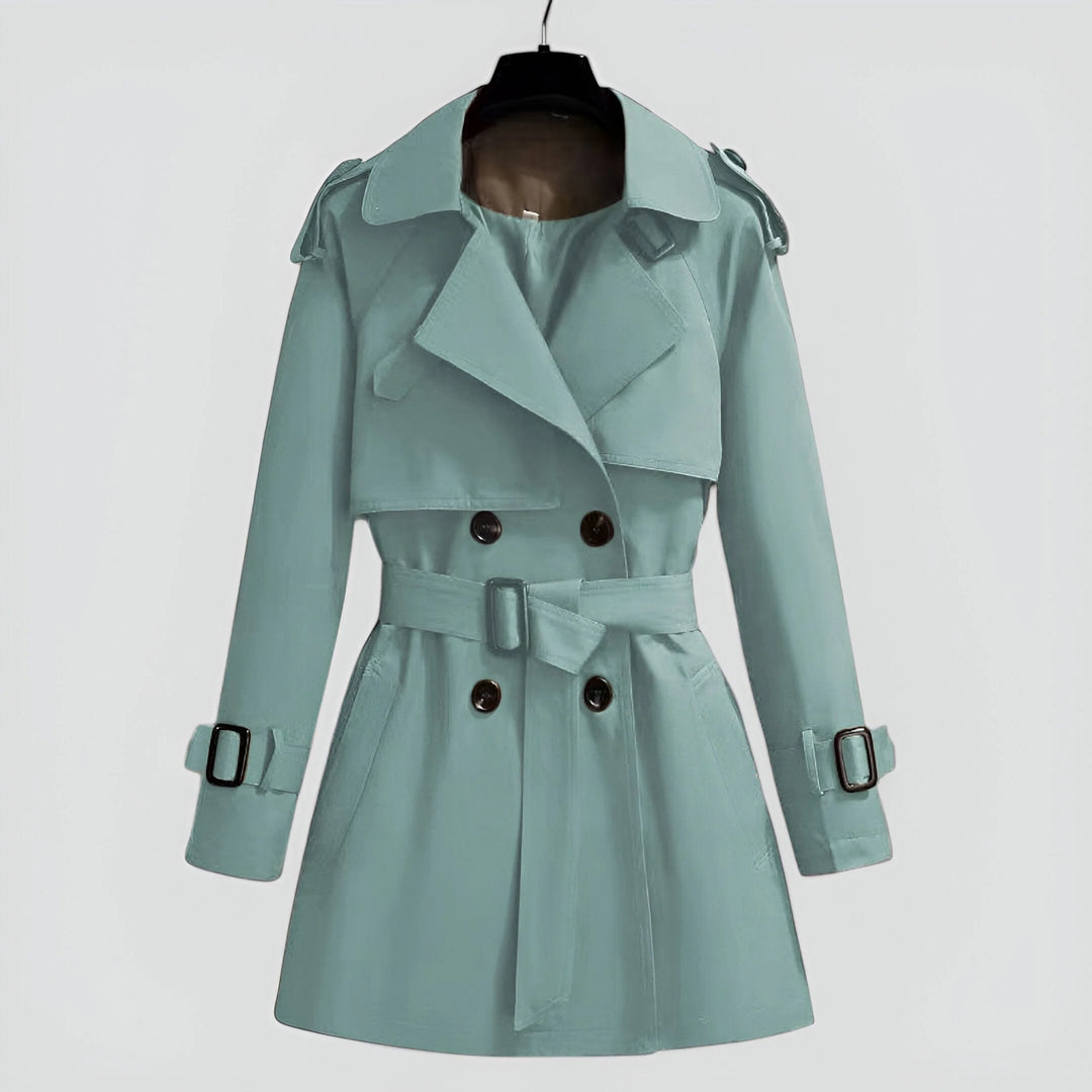 Mintgrüner klassischer Damen Trenchcoat aus Baumwolle mit Gürtel und Knöpfen, ideal für Frühjahr und Herbst.