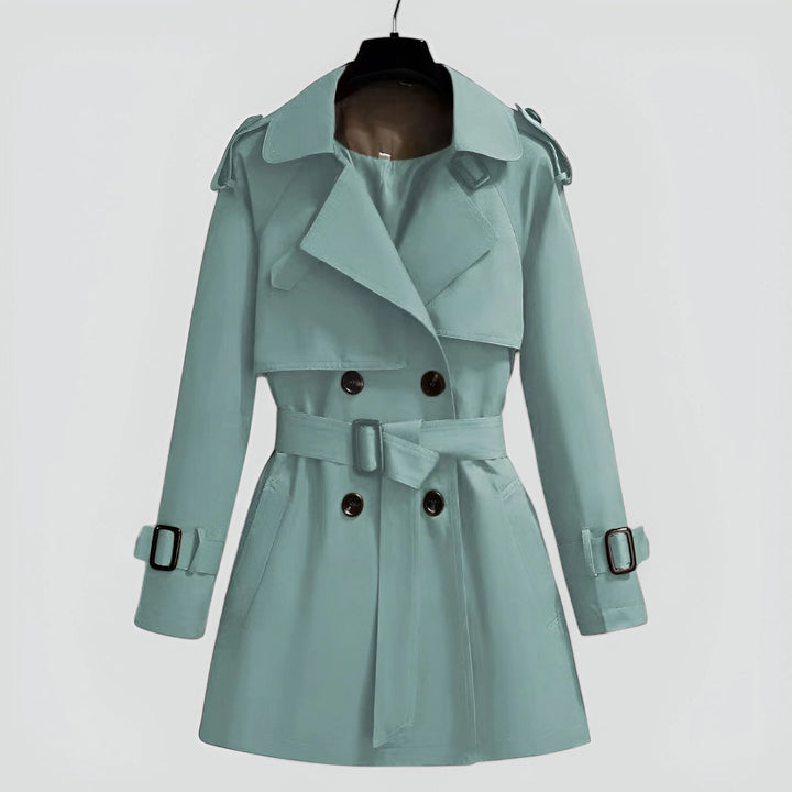 Mintgrüner klassischer Damen Trenchcoat aus Baumwolle mit Gürtel und Knöpfen, ideal für Frühjahr und Herbst.