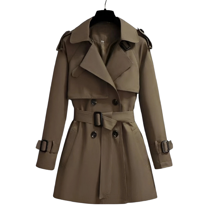 Klassischer khakifarbener Damen Trenchcoat mit Gürtel, Knöpfen und Taschen aus leichtem Baumwollmaterial.