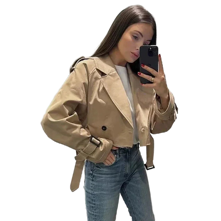 Kurzer Damen Trenchcoat mit Gürtel und verstellbaren Ärmeln