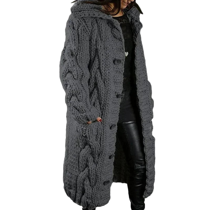 Lange Damen Strickjacke mit Kapuze und Zopfmuster