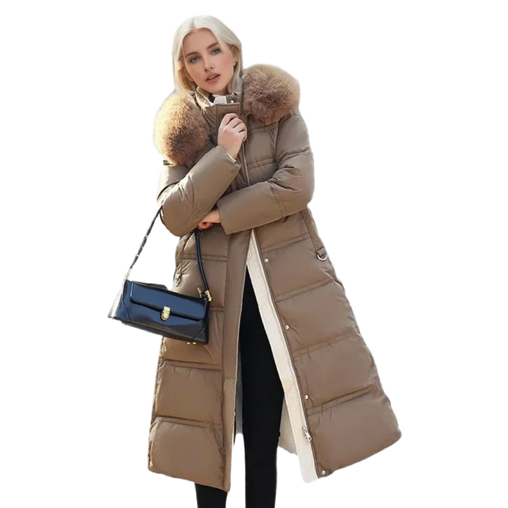 Lange Daunenjacke für Damen mit Kapuze und Kunstfellbesatz