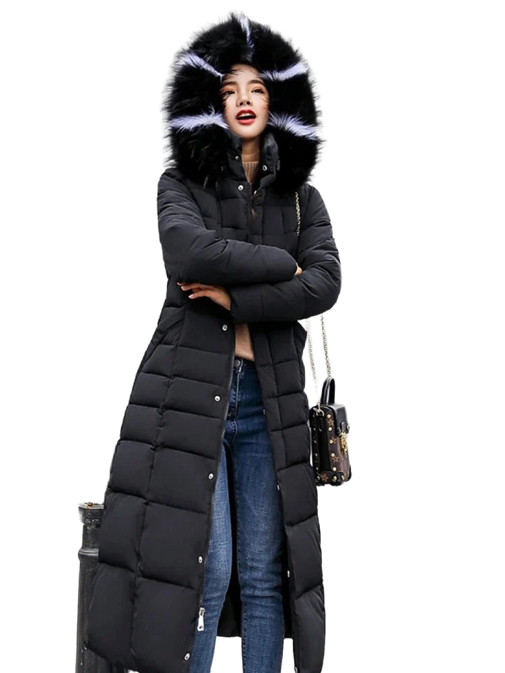 Langer Damen Steppmantel mit Fellkapuze