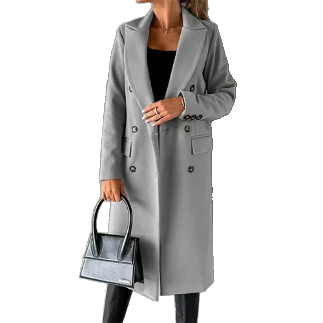 Grau Damen Winter Lang Trench Mantel aus warmem Stoff mit eleganter Knopfleiste und klassischem Schnitt für kalte Tage.