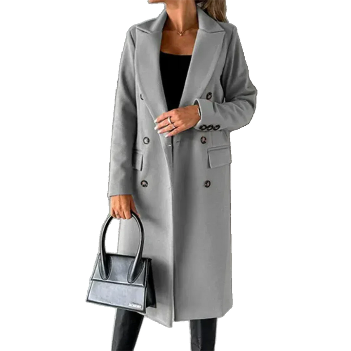 Grau Damen Winter Lang Trench Mantel aus warmem Stoff mit eleganter Knopfleiste und klassischem Schnitt für kalte Tage.