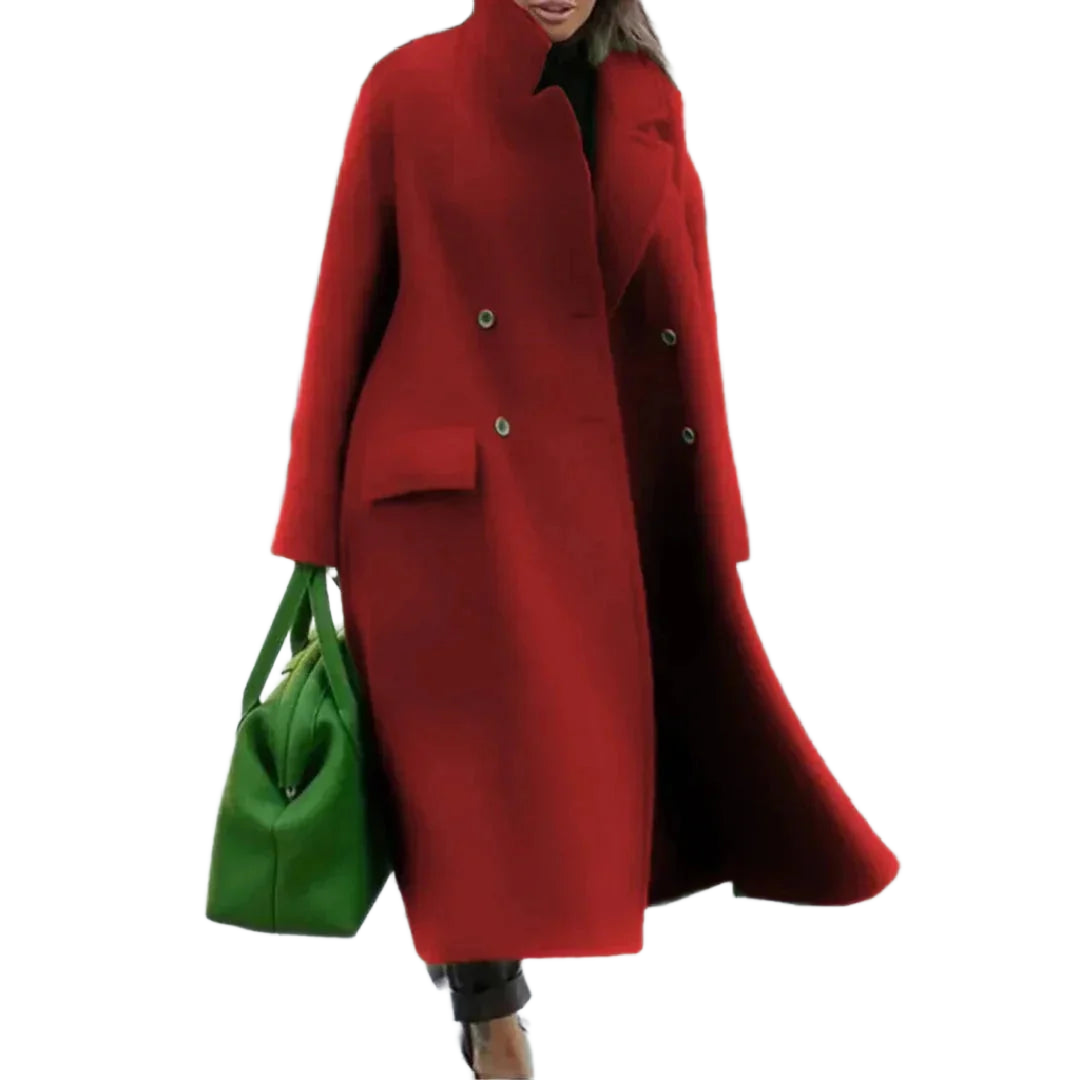 Damen Mantel in Rot mit Knopfleiste und seitlichen Taschen aus weichem, warmem Stoff für kühle Tage.