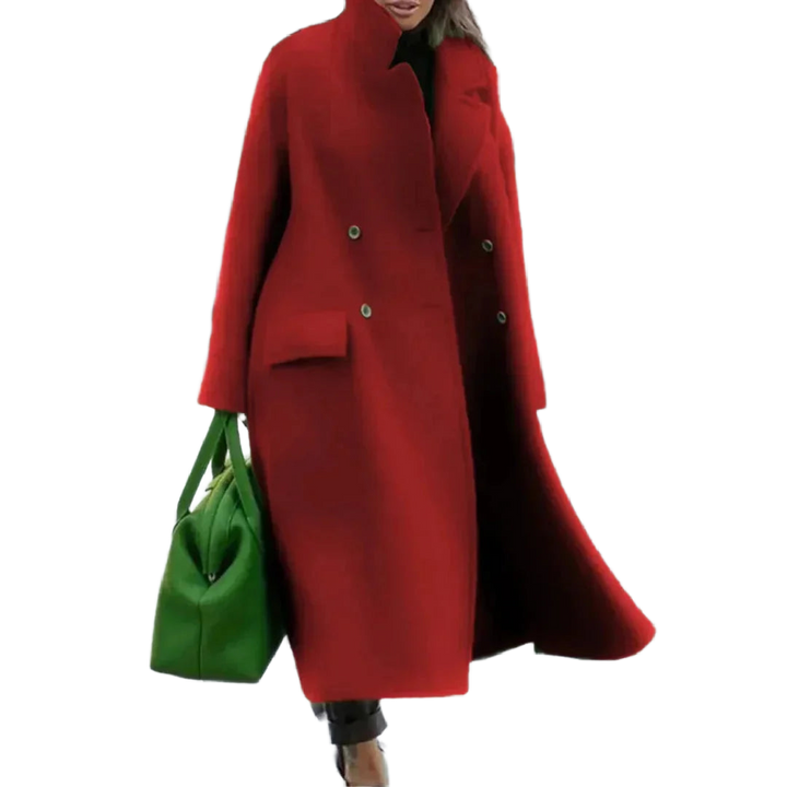 Damen Mantel in Rot mit Knopfleiste und seitlichen Taschen aus weichem, warmem Stoff für kühle Tage.