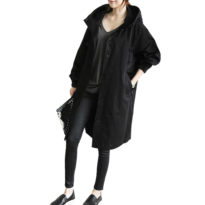 Langer Damenregenmantel mit Kapuze und Knopfleiste