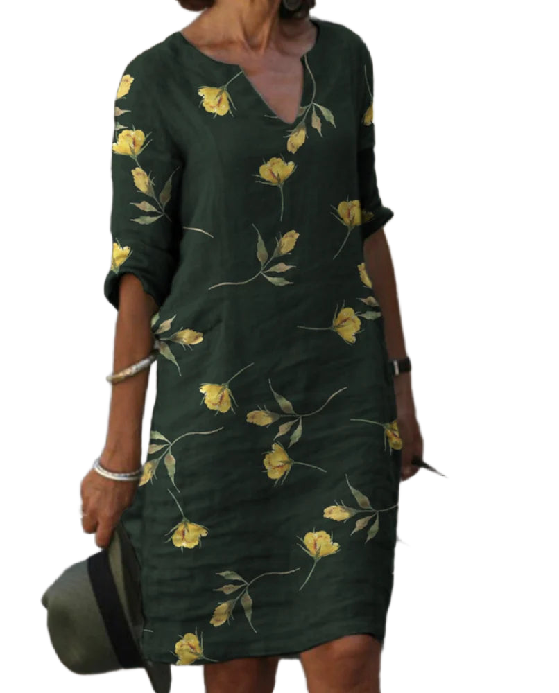Dunkelgrünes Damen Freizeitkleid mit Blumenmuster, 3/4-Ärmeln, aus leichtem und bequemem Stoff, perfekt für den Alltag.