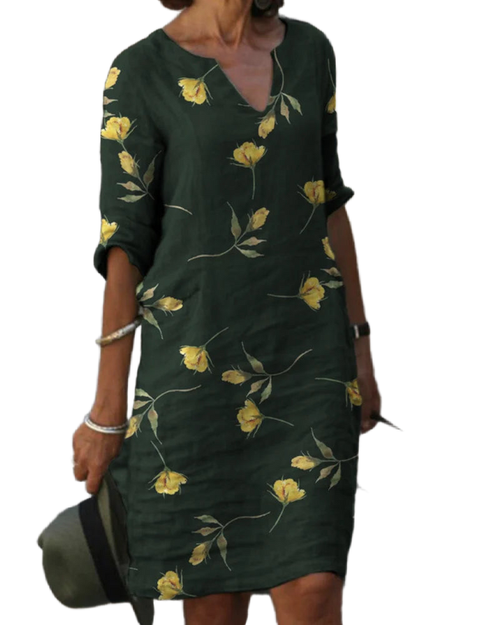 Dunkelgrünes Damen Freizeitkleid mit Blumenmuster, 3/4-Ärmeln, aus leichtem und bequemem Stoff, perfekt für den Alltag.