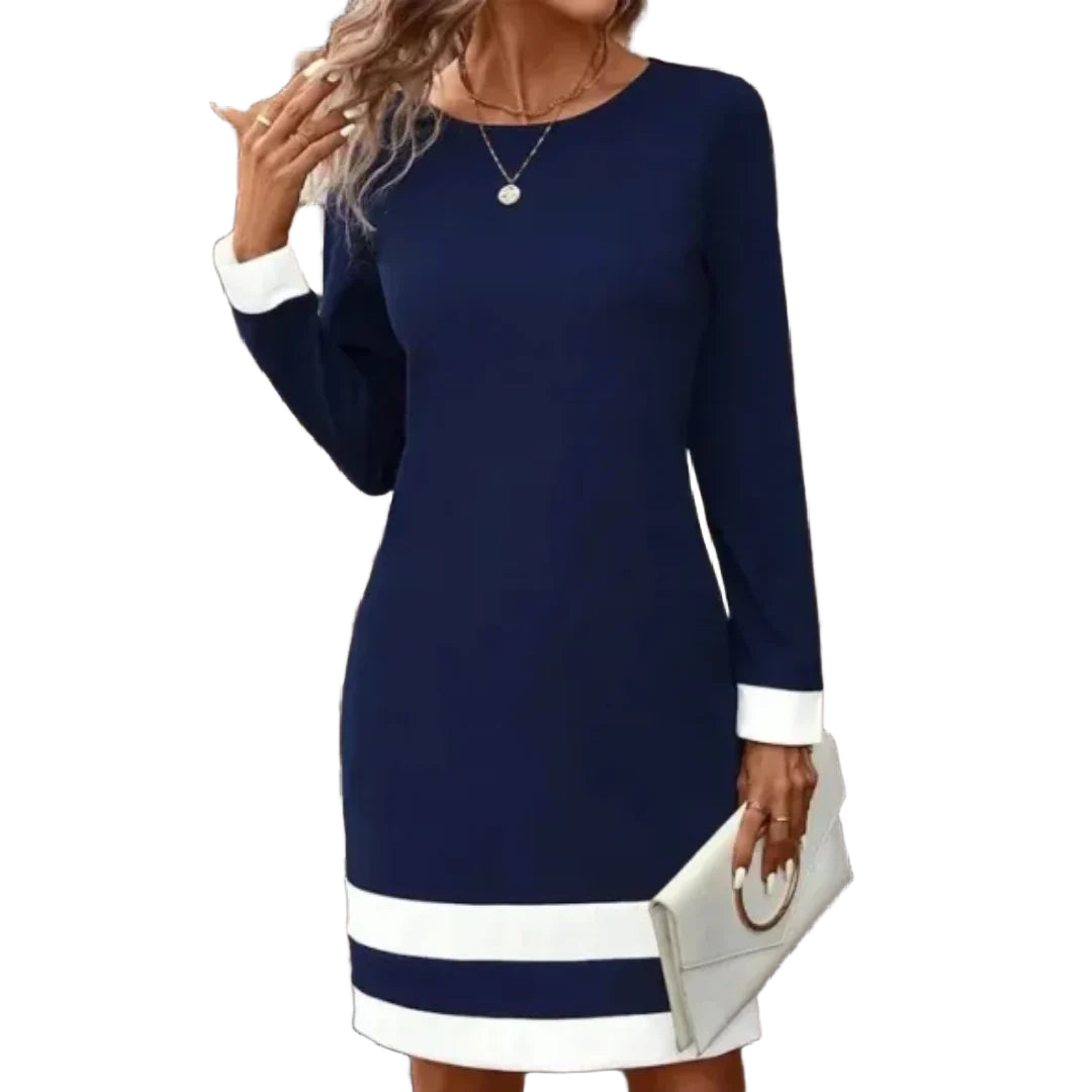 Blau-damenkleid mit langen Ärmeln und Kontraststreifen, aus angenehmem Stoff, knielang, ideal für den Alltag oder besondere…