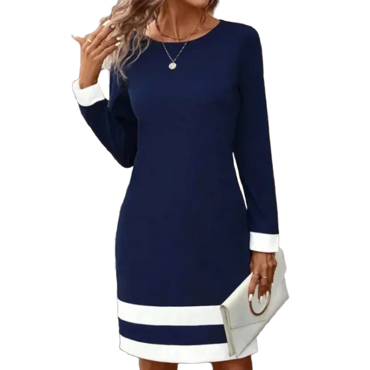 Blau-damenkleid mit langen Ärmeln und Kontraststreifen, aus angenehmem Stoff, knielang, ideal für den Alltag oder besondere…