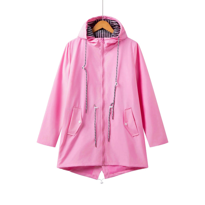 Rosa Outdoor-Kapuzenjacke mit Reißverschluss, Kordelzug und atmungsaktivem Material, ideal für aktive Freizeit.