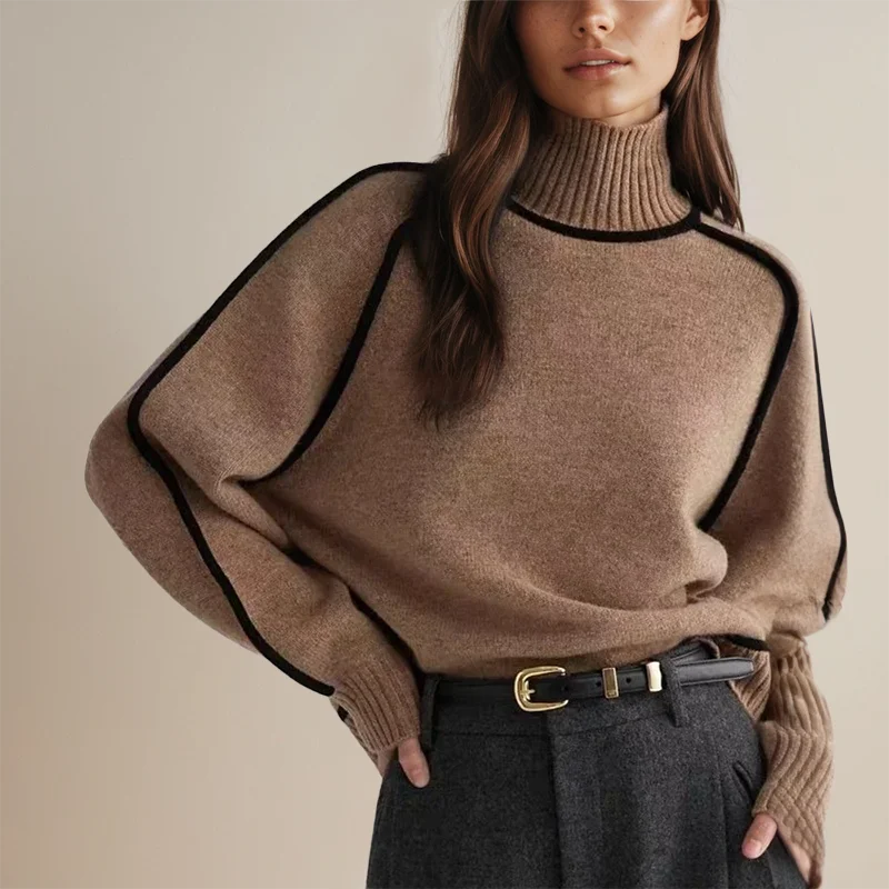 Grau melierter Pullover mit Rollkragen, aus weicher Baumwollmischung, ideal für einen lässigen Herbst-Look.