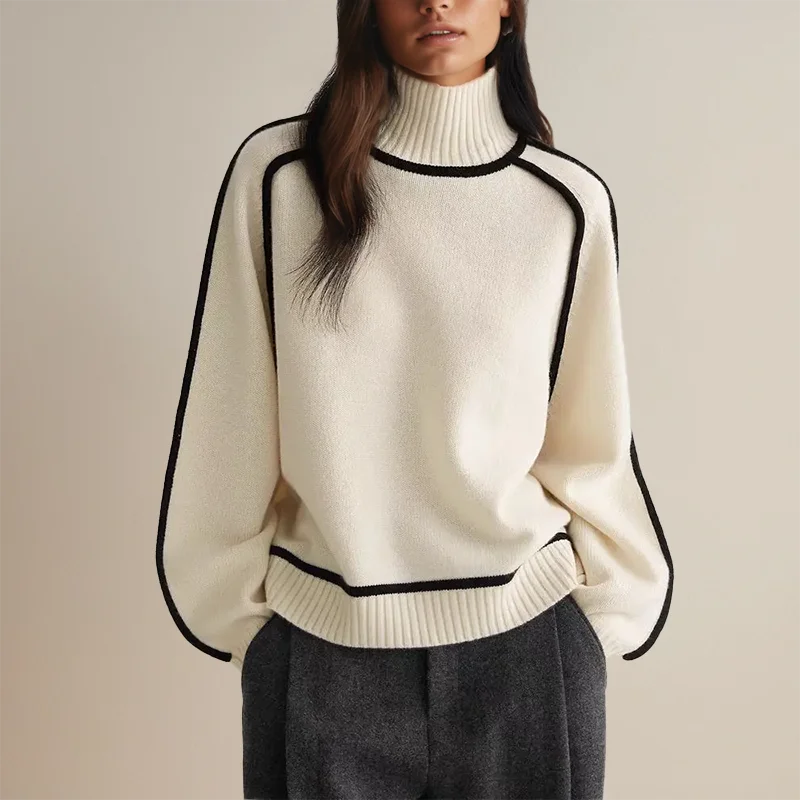 Beiger Pullover mit Rollkragen, aus weichem Baumwollmix, ideal für einen lässigen Herbst-Look, mit gemütlichem Schnitt.