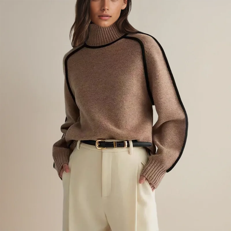 Kaffefarbener Pullover mit Rollkragen, aus weichem Baumwollmix, ideal für einen lässigen Herbst-Look.