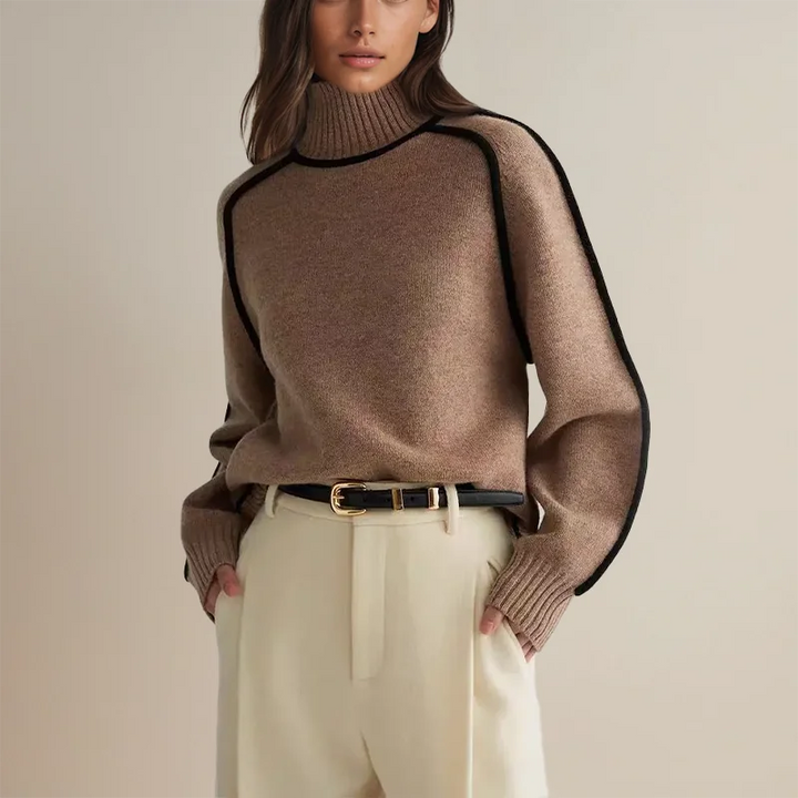 Kaffefarbener Pullover mit Rollkragen, aus weichem Baumwollmix, ideal für einen lässigen Herbst-Look.