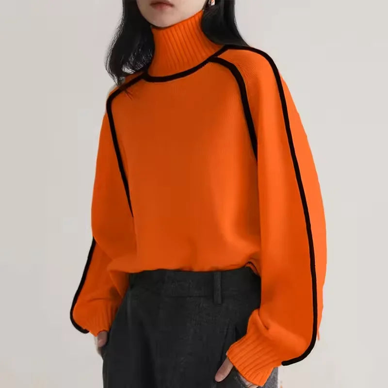 Oranger Pullover mit Rollkragen, weichem Material und lässigem Schnitt – ideal für den Herbst.