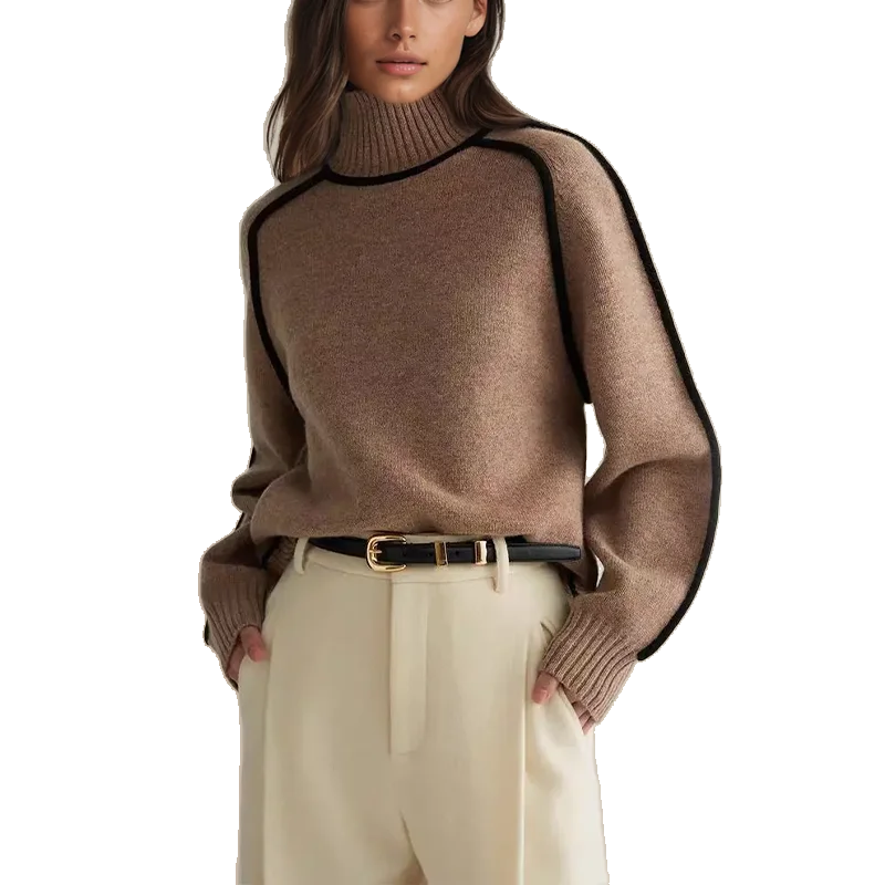 Kaffefarbener Pullover mit Rollkragen, aus weichem Baumwollmix, ideal für einen lässigen Herbst-Look.