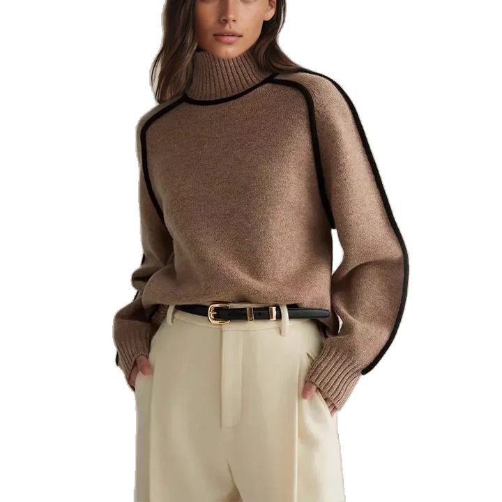 Kaffefarbener Pullover mit Rollkragen, aus weichem Baumwollmix, ideal für einen lässigen Herbst-Look.