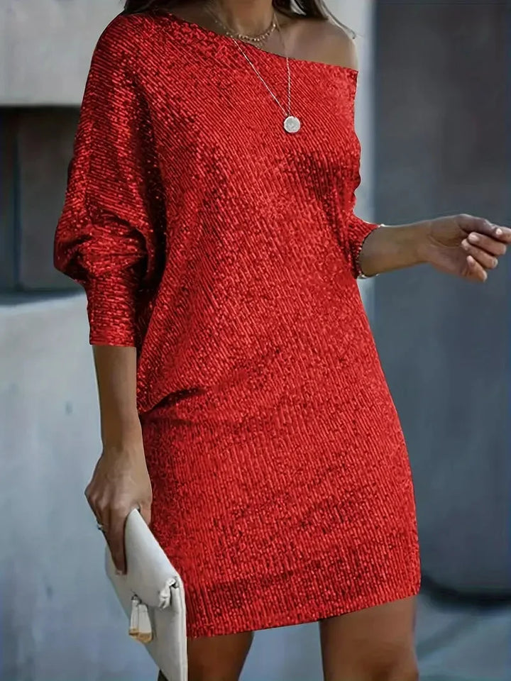 Rotes Minikleid aus Pailletten besetzt für Damen, schulterfrei, perfekt für besondere Anlässe, Party oder Festtage.