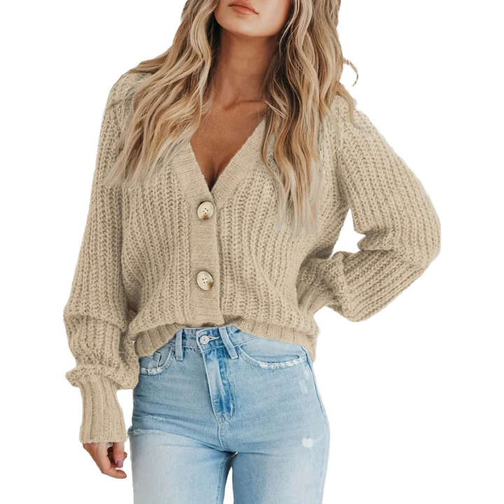 Beige Damen Strickjacke aus weichem Material mit Knopfleiste und langen Ärmeln, ideal für komfortable Alltagsmode.