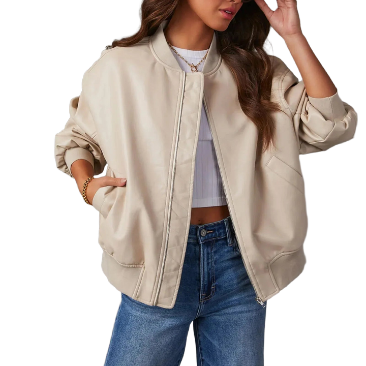 Beige Übergroße Damen Bomberjacke mit Reißverschluss, aus leichtem Material, bietet einen lässigen Look und praktischen…