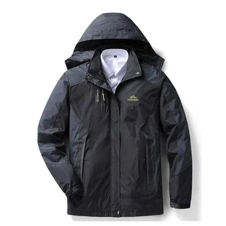 Schwarze wasserabweisende Outdoor-Jacke aus strapazierfähigem Material mit abnehmbarer Kapuze und praktischen Taschen.