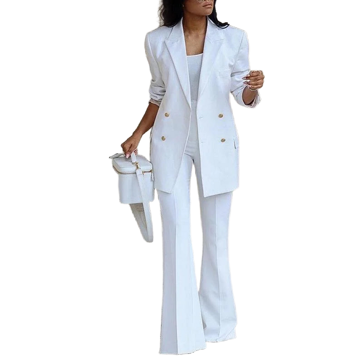 Damen Zweiteiliges Anzugset in Weiß, besteht aus leichtem Material, mit strukturiertem Blazer und modischer Schlaghose.