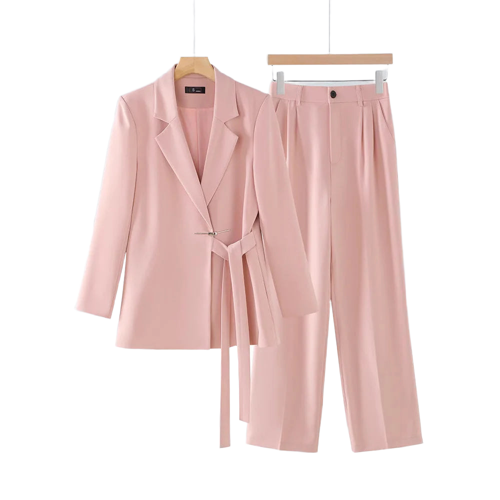Rosa Damen Zweiteiliges Anzug-Set mit tailliertem Blazer aus elastischem Stoff und modischem Schnitt für vielseitige Anlässe.
